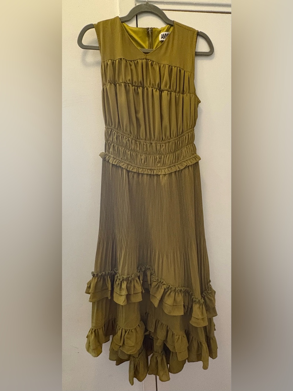 ADEAM Olive Green Ruffled Sleeveless Midi Dress